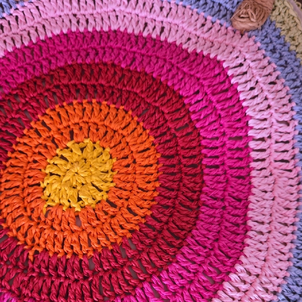 INC Round Crochet Multi-Color Straw Tote Bag - Pink/Yellow/Blue - Picture 4 of 8